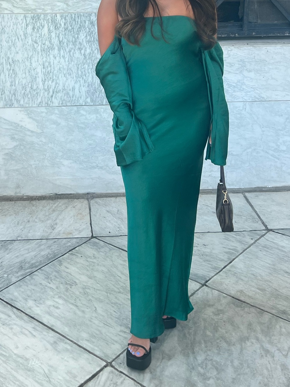 Meshki Emerald Green Strapless Satin Maxi Dress